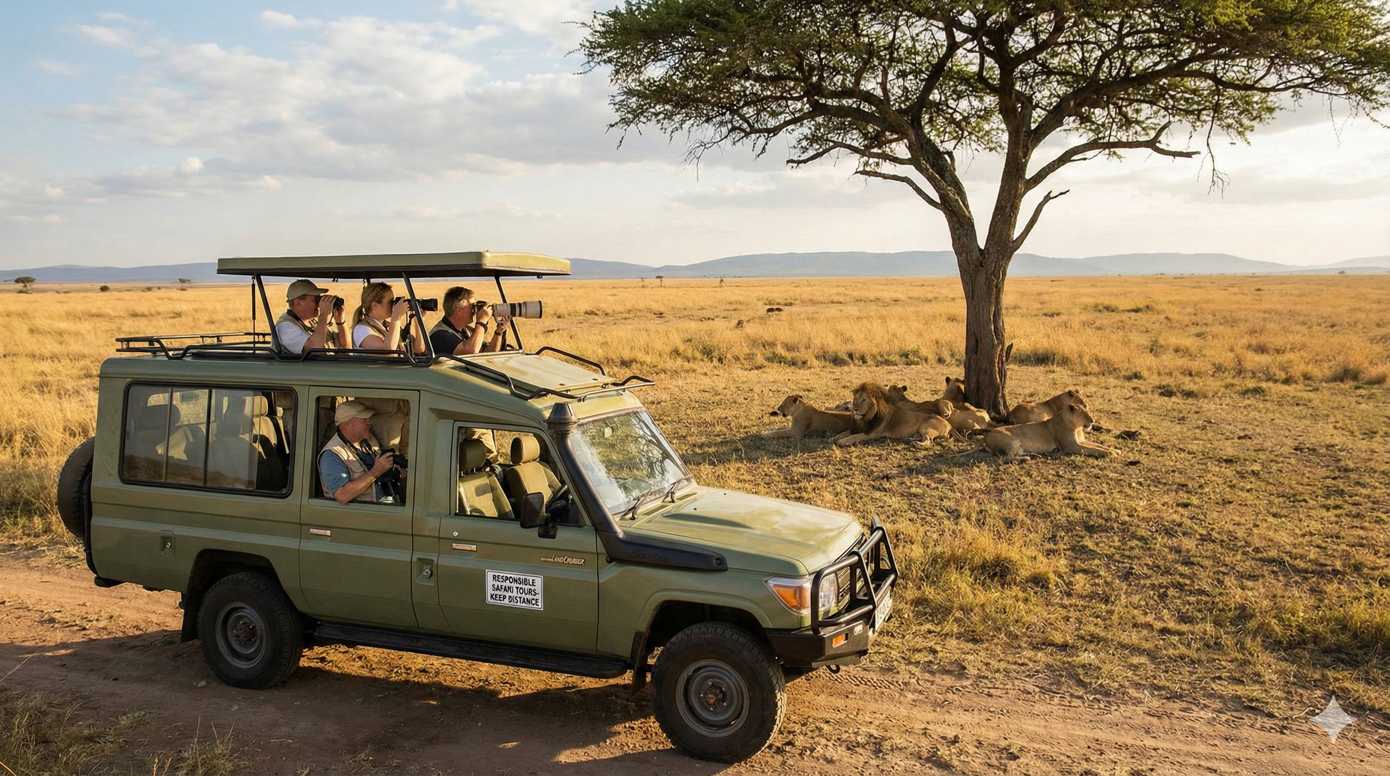 一輛專業的獵遊吉普車停在賽倫蓋蒂草原上，遊客在車內安全地觀察不遠處休憩的獅群。
