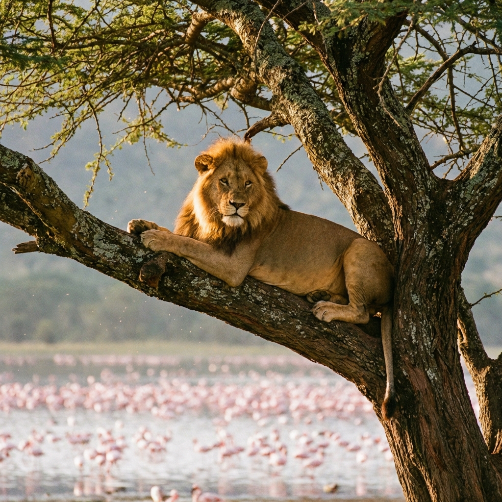 曼雅拉湖的爬樹獅與火烈鳥