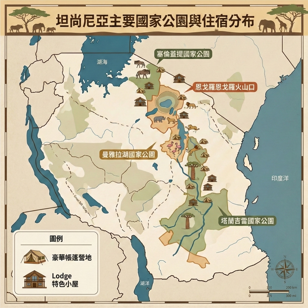 坦尚尼亞國家公園住宿分布圖